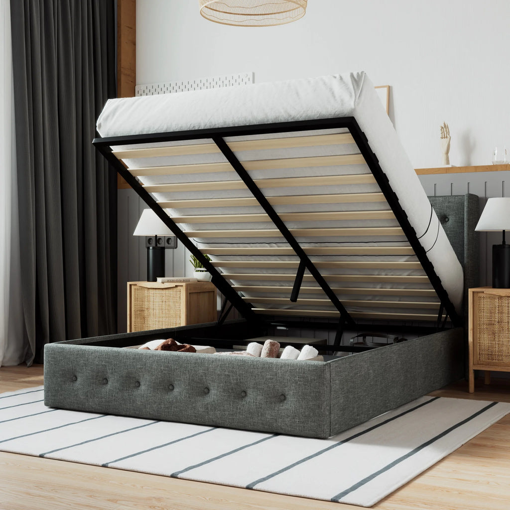 Beige Queen Size Lift Up Platform Bed Frame with Headboard K637