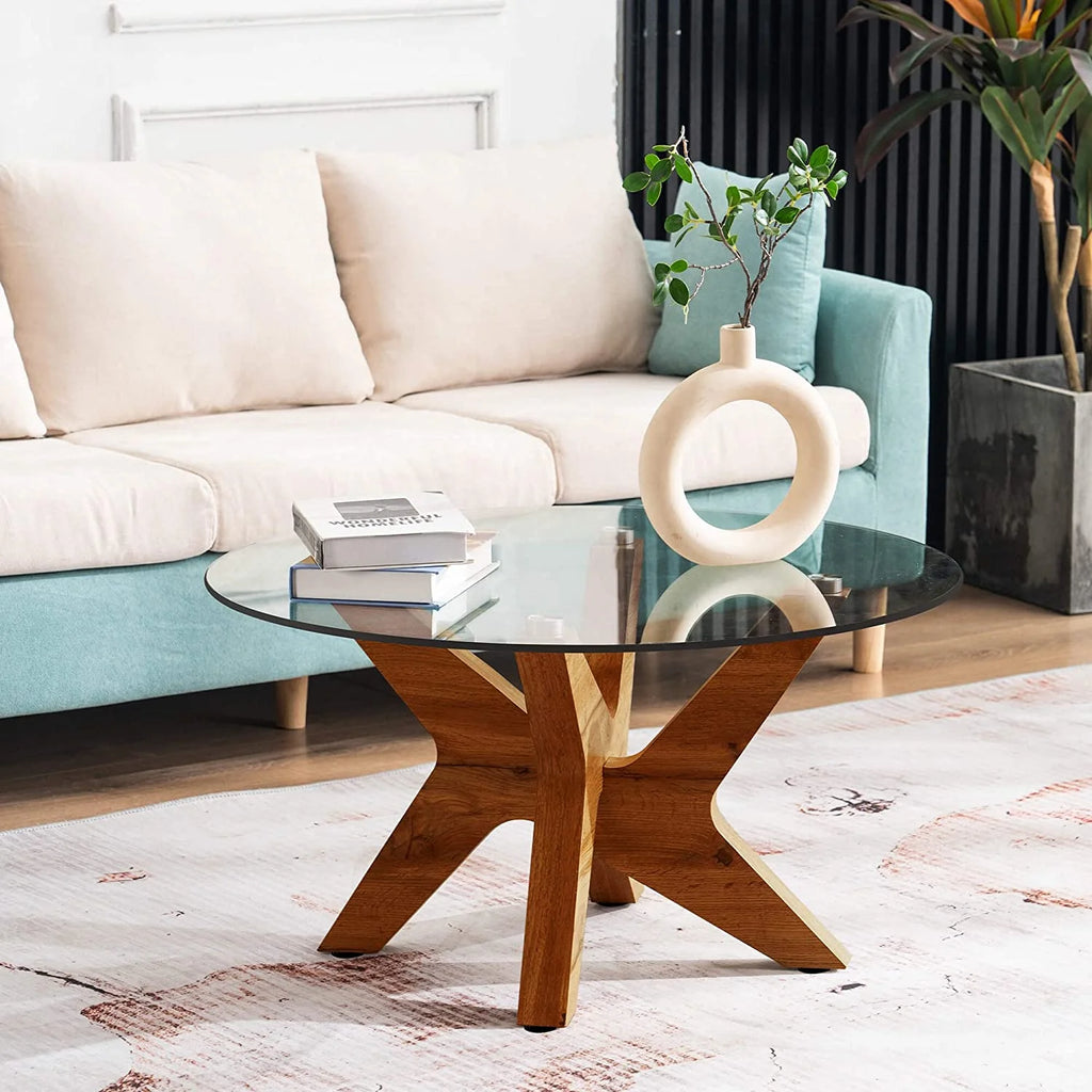 Round Glass Coffee Table with Wood Frame and Tempered Glass Top A510