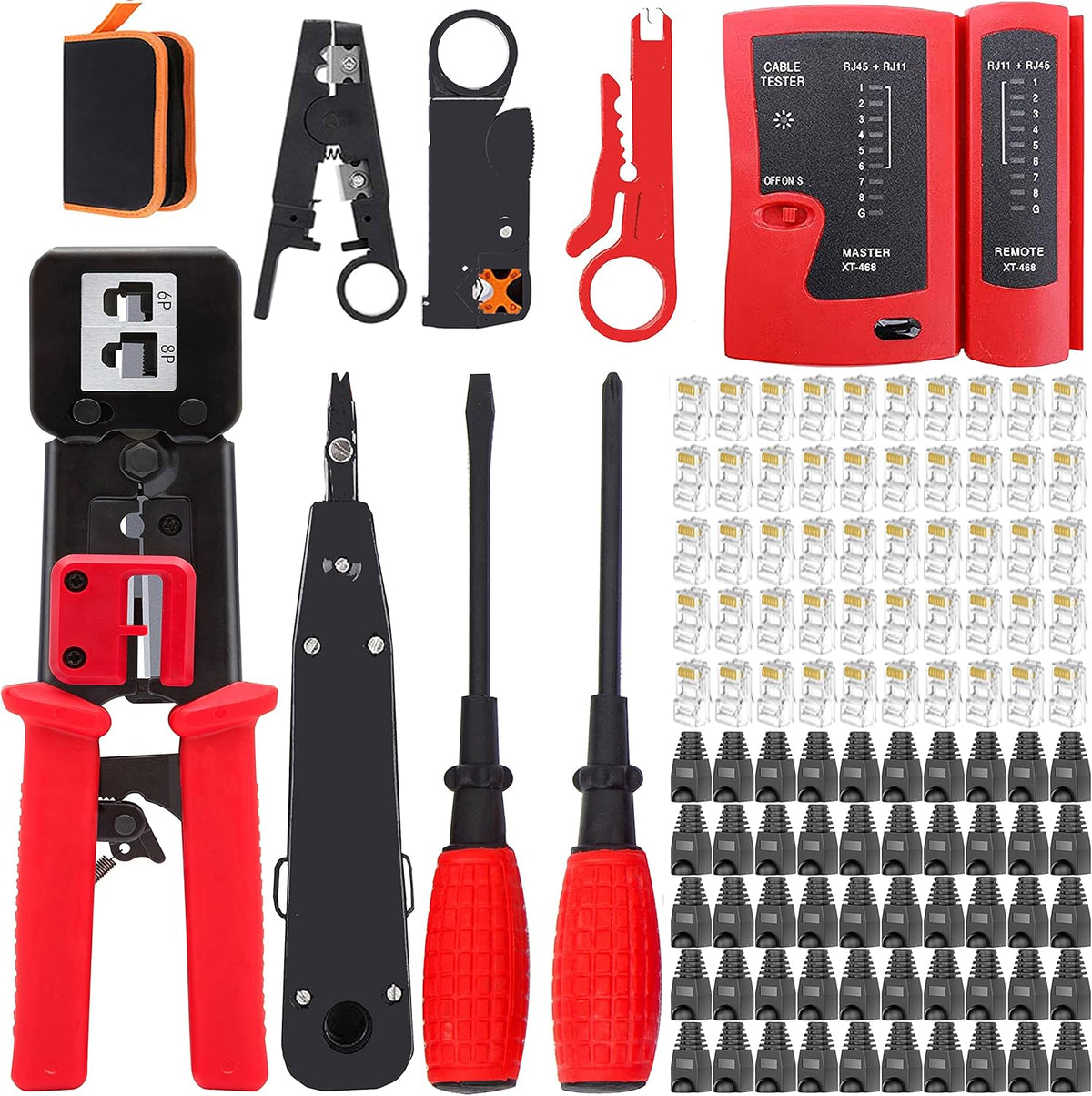 RJ45 Crimper Cat5/Cat5e/Cat6 Tool Set with 50PCS Connectors, 50PCS Covers Network Wire Stripper Kit (Dark) Pack of 2 L1048