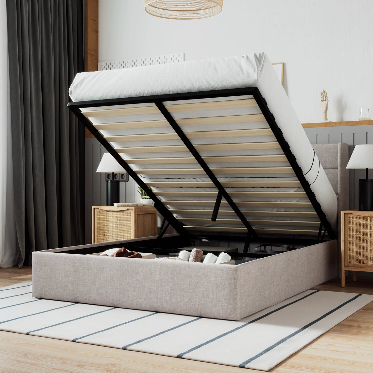 Beige Queen Size Lift Up Platform Bed Frame with Headboard K637