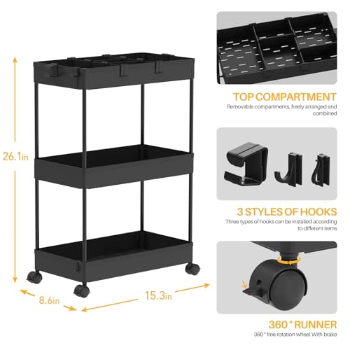 Black 3 Tier Rolling Cart with Wheels J2009