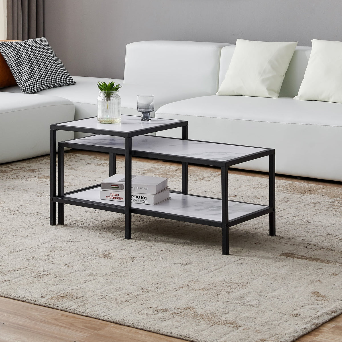Square & Rectangle Nesting Coffee Table Black Metal Frame Wood Marble Top H34029