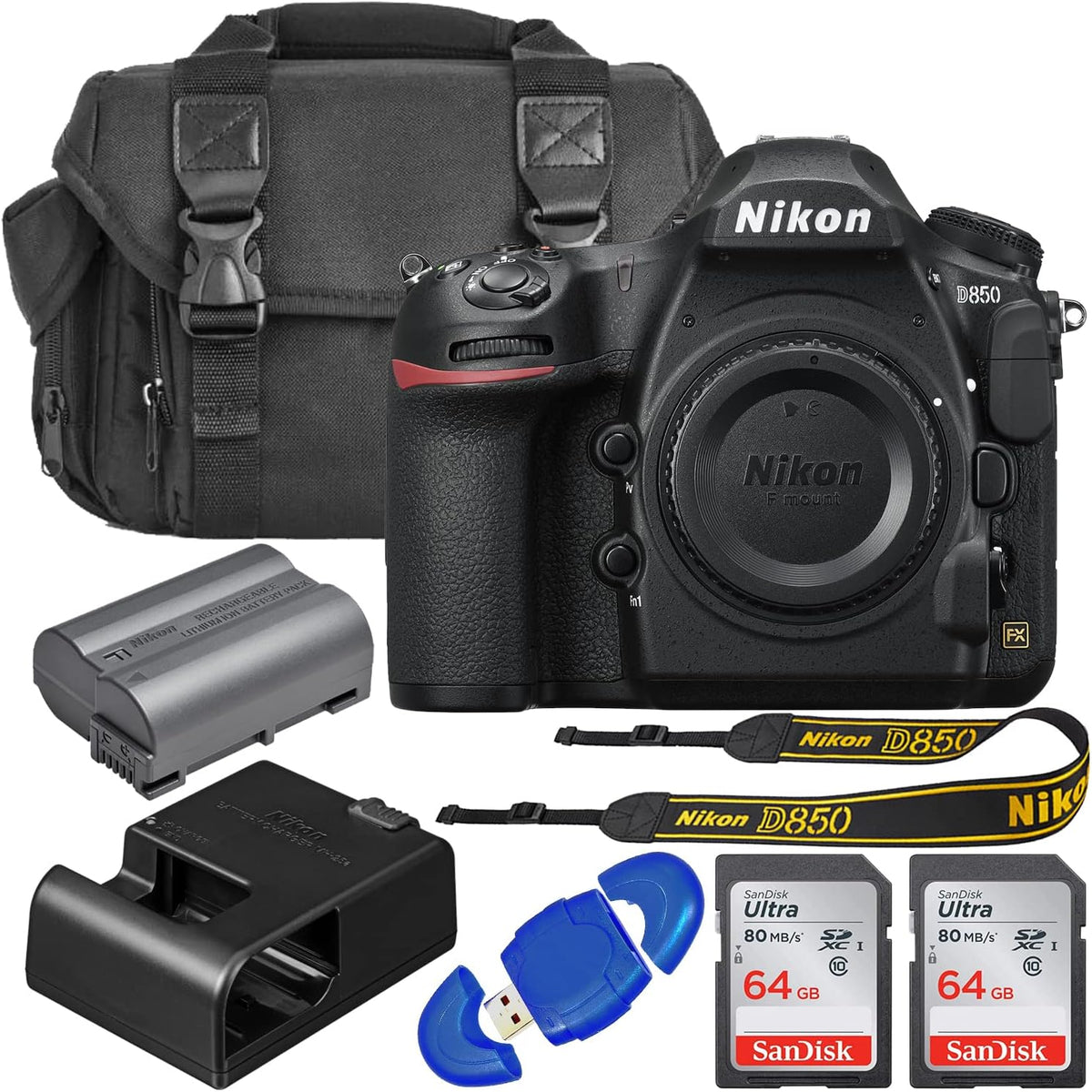 Nikon D850 FX-Format Digital SLR Camera Body with 2X SanDisk 64GB Memory Cards, Deluxe Carrying Bag, Card Reader F3288