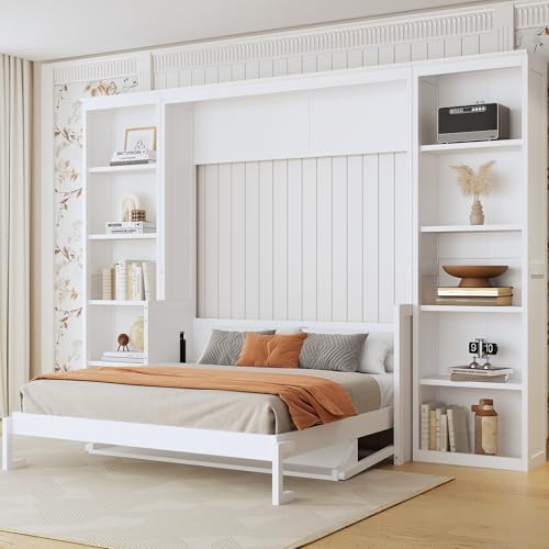 White Full Size Solid Murphy Bed with Desk and Shelves U33889