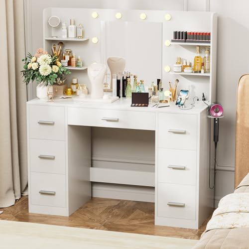 White Vanity Desk with LED Lighted Mirror and 7 Drawers C15420
