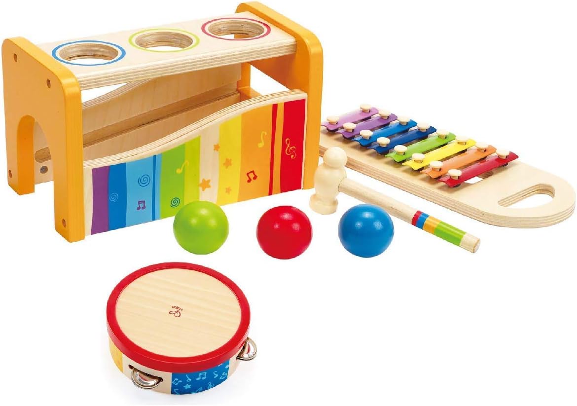 Wooden Pounding Bench, Xylophone, and Tambourine Music Set M173