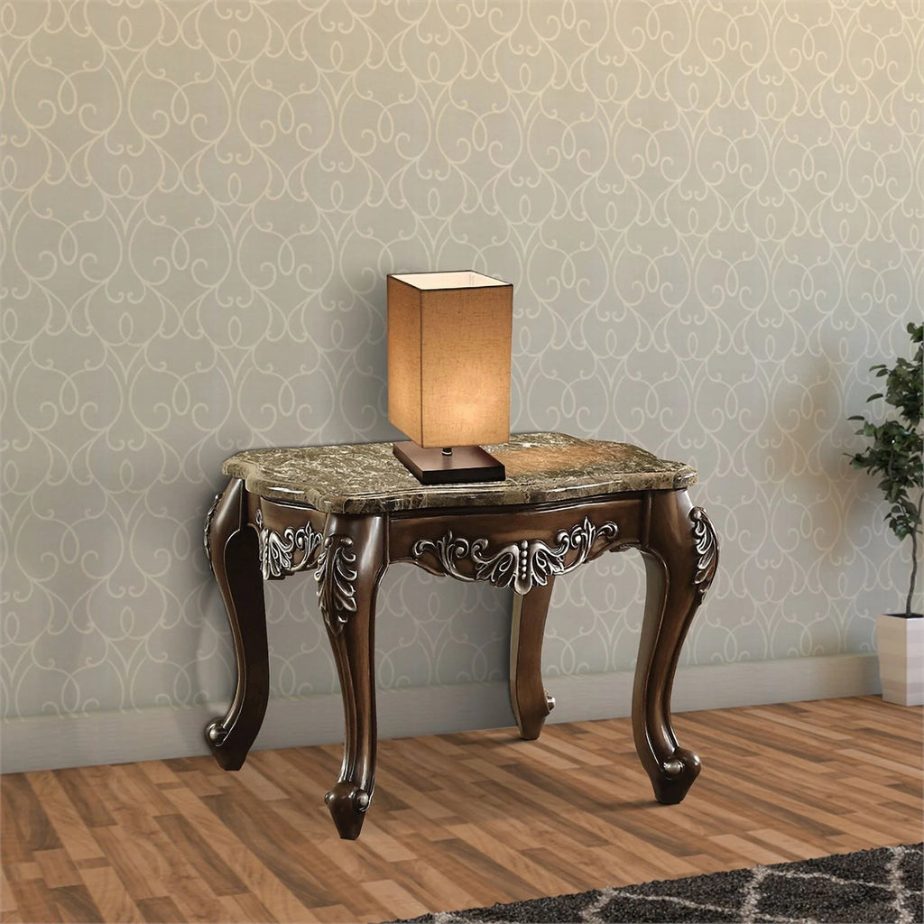 Antique Oak Brown Wooden End Table with Marble Top S4063