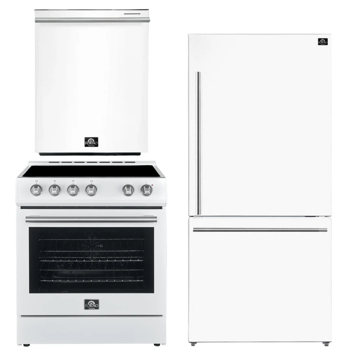 30 Electric Range, Refrigerator and Dishwasher in White with Silver Handles V8779