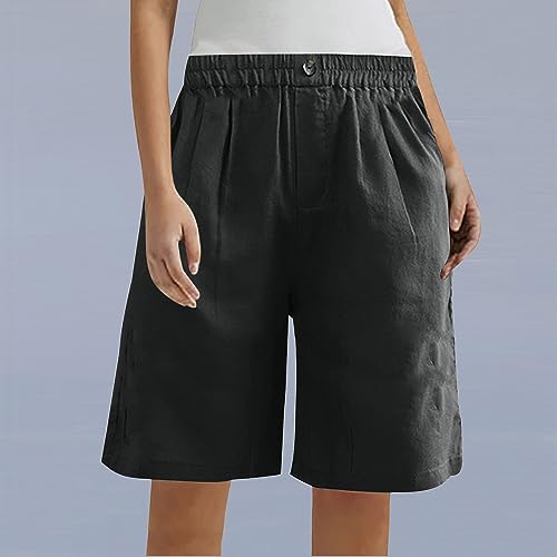 Women's Cotton Linen High Waisted Wide Leg Elastic Drawstring Shorts with Pockets T3249