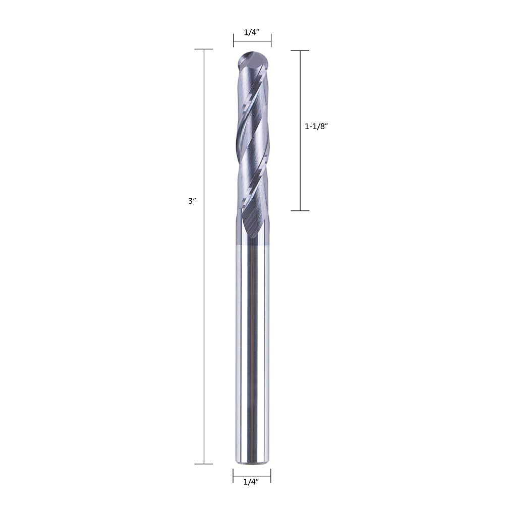 Ball Nose Carbide End Mill CNC Cutter Router Bits Double Flutes Spiral Milling Tool 1/4 inch Shank 3 inch Over Length Pack of 2 D939045