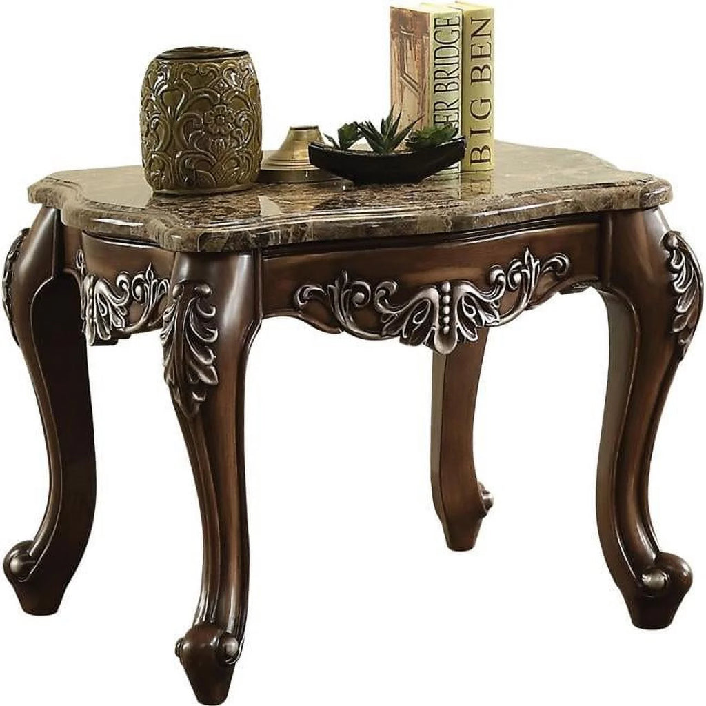 Antique Oak Brown Wooden End Table with Marble Top S4063