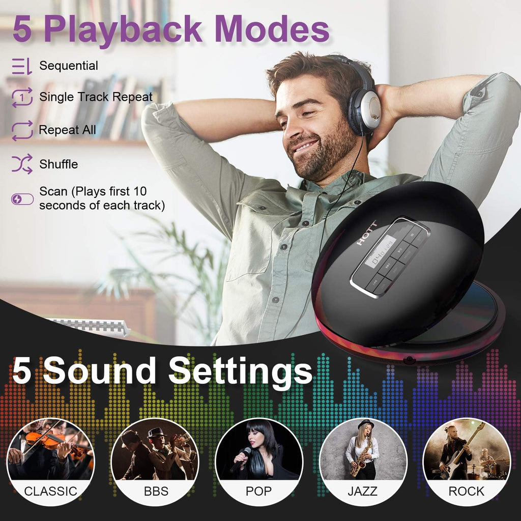 Portable CD Player with LCD Display Anti-Skip Headphones USB Cable Black Pack of 2 H128