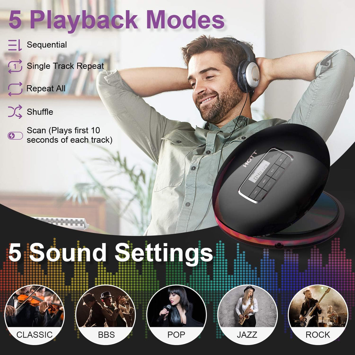 Portable CD Player with LCD Display Anti-Skip Headphones USB Cable Black Pack of 2 H128