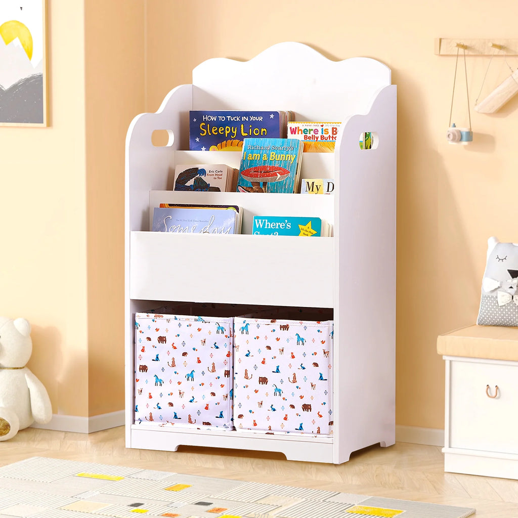 White Wood 4 Tier Kids Bookshelf with Toy Bin A796