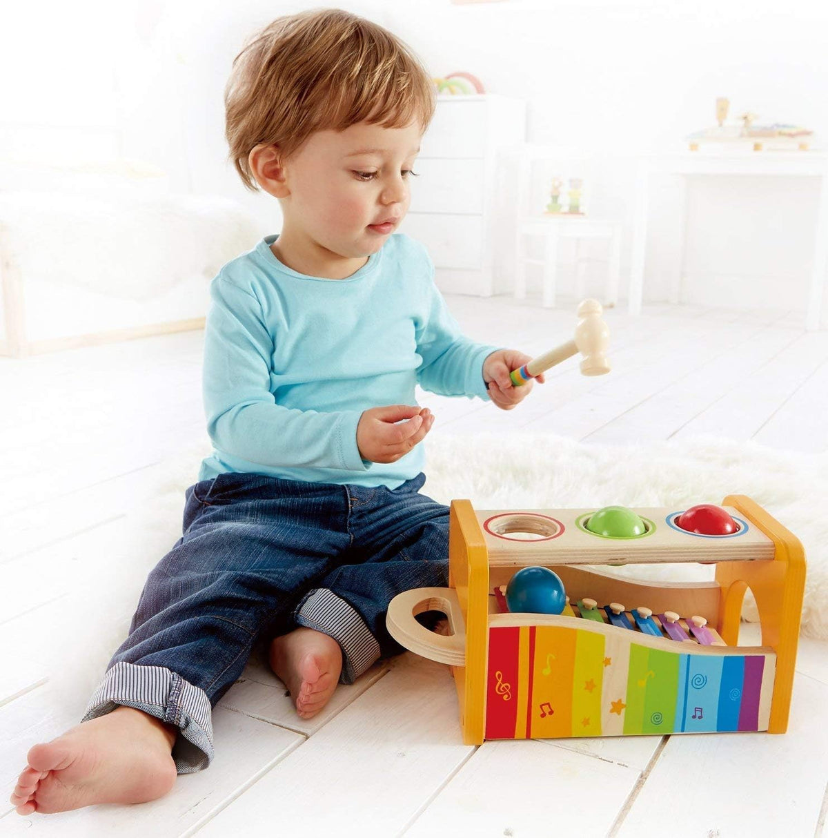 Wooden Pounding Bench, Xylophone, and Tambourine Music Set M173