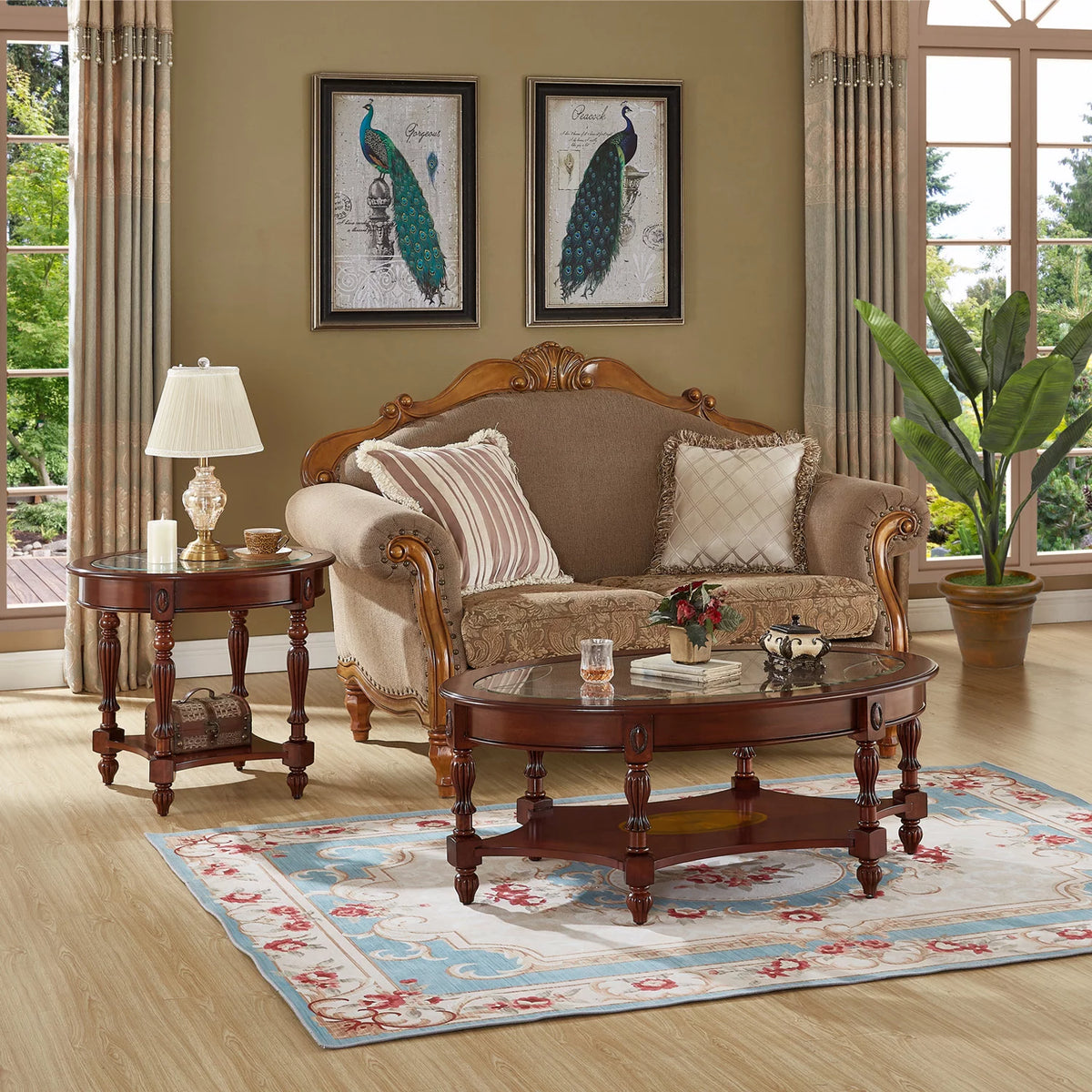 Oval Glass 2-Tier Solid Wood Coffee Table with Storage Shelf F443