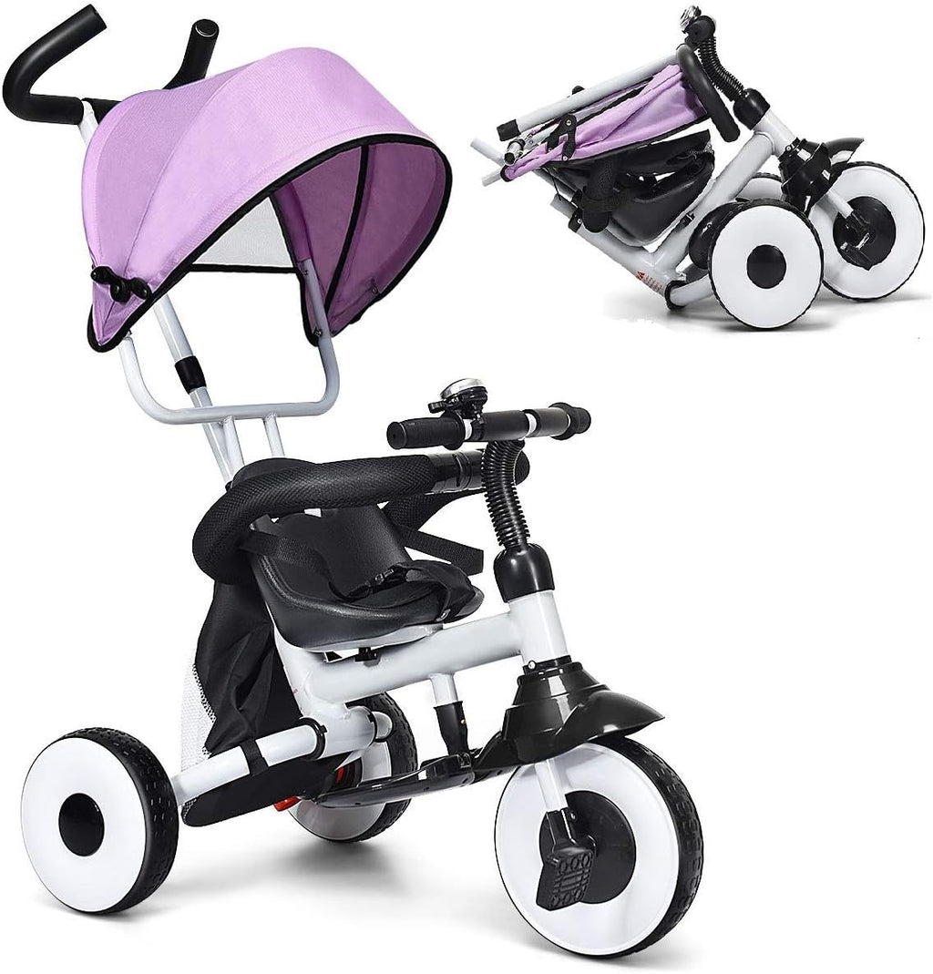Folding Tricycle with Adjustable Parent Handle, Canopy, Storage Bag, Safety Harness & Wheel Brakes H949835