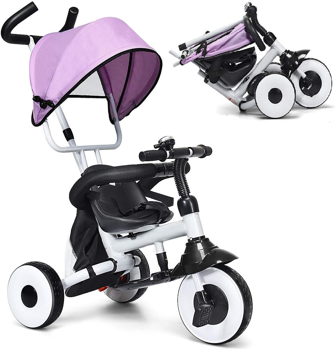 Folding Tricycle with Adjustable Parent Handle, Canopy, Storage Bag, Safety Harness & Wheel Brakes H949835