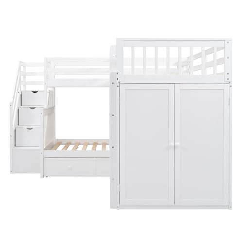 White L-Shaped Triple Bunk Bed with Desk & Stairs J774