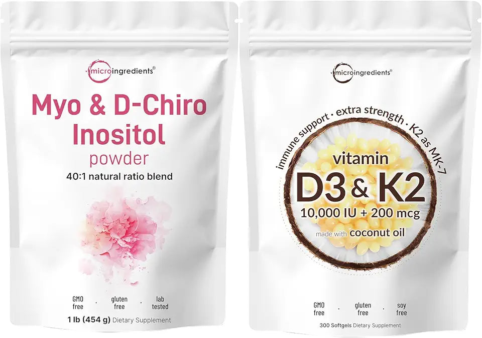 Vitamin D3 10,000iu + K2 200mcg Softgels & Myo & D-Chiro Inositol Powder 2 Pack U7411