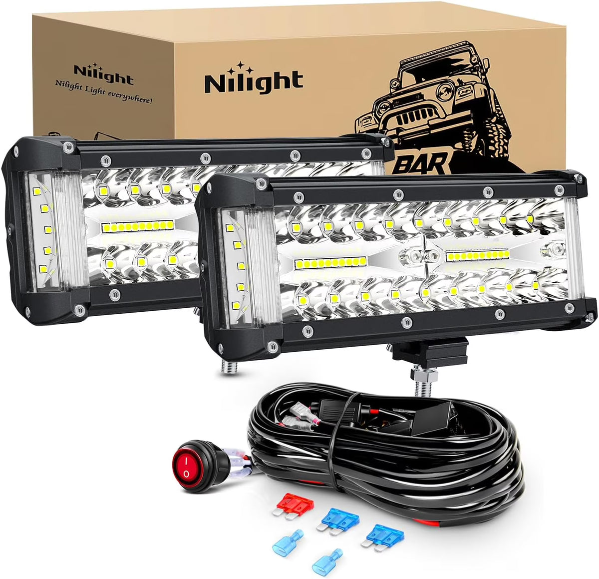2PCS 7Inch Triple Row Spot Flood Combo LED Work Light with Wiring Harness Kit K828