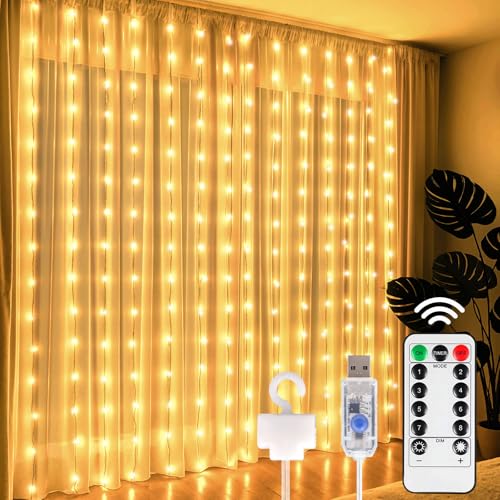 300 LED Fairy Curtain Lights, 9.8ft x 9.8ft Battery Operated Blue String Hanging Lights D9058