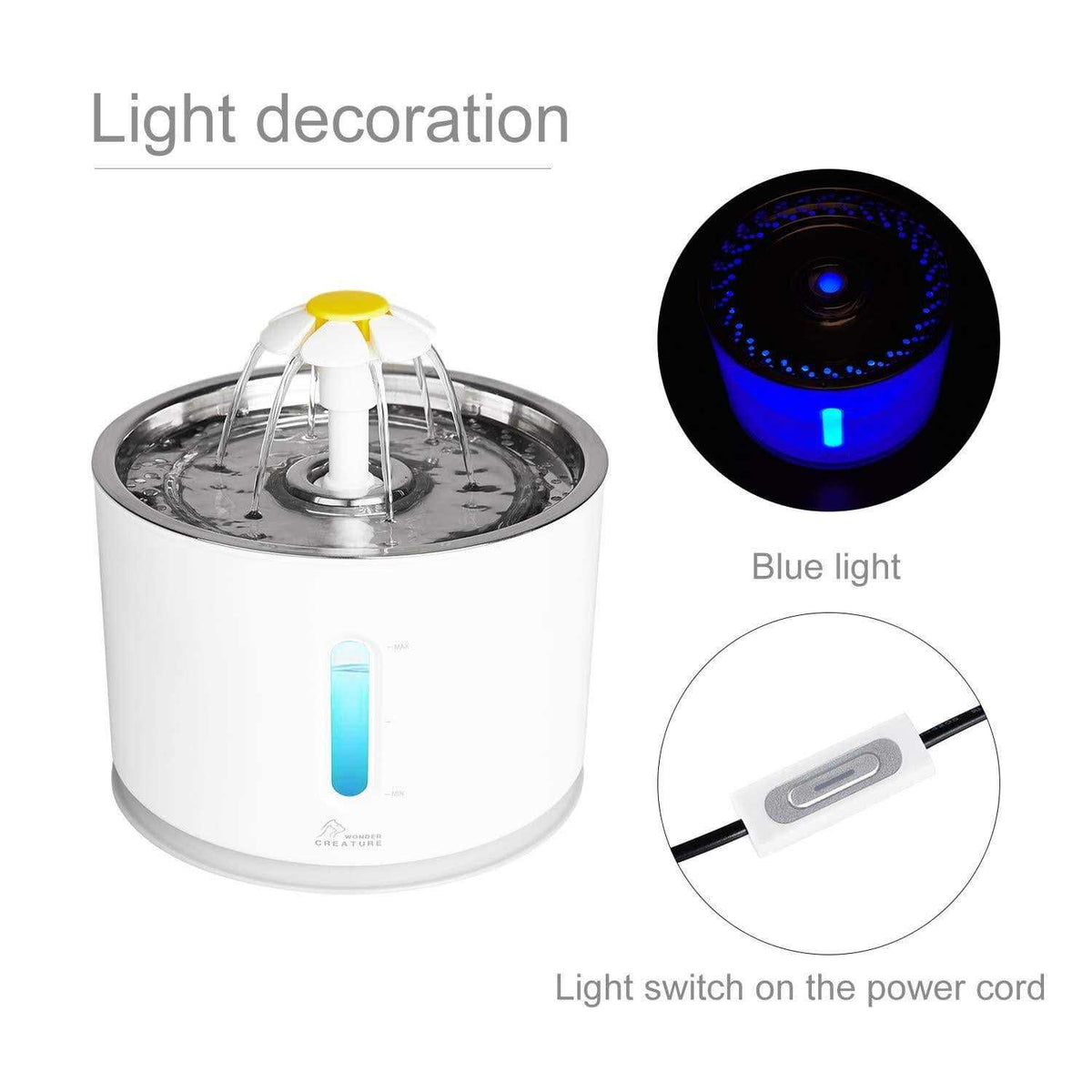 Cat Water Fountain with Stainless Steel Lid, 2.4L Automatic Fountain with LED Light M412