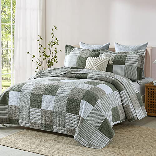 100% Cotton Navy Blue Grey Plaid Queen Size 3 Pieces Quilt T4421