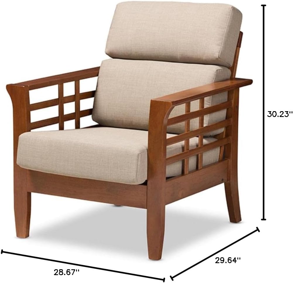 Cherry Finished Brown Wood and Dark Beige Fabric High Back 1-Seater Lounge Chair E901