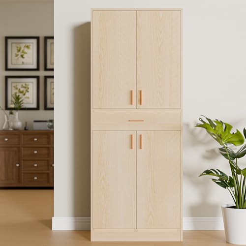 71" Tall 4 Doors Wood Freestanding Cupboard with Sliding Drawer and 2 Adjustable Shelves, Oak U940483