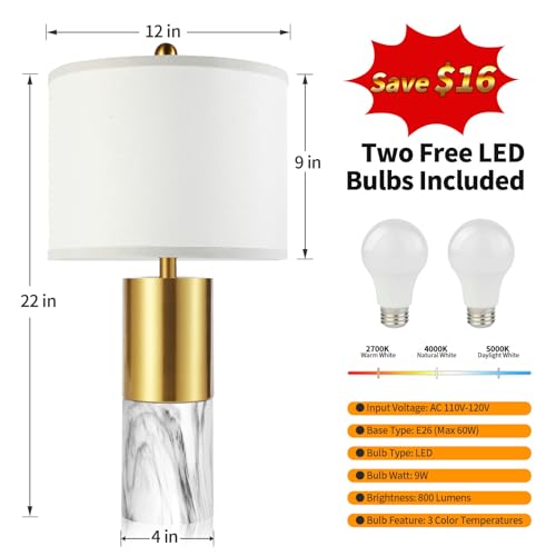22" Faux Marble Table Lamps Set of 2 with Fabric Shades V8612
