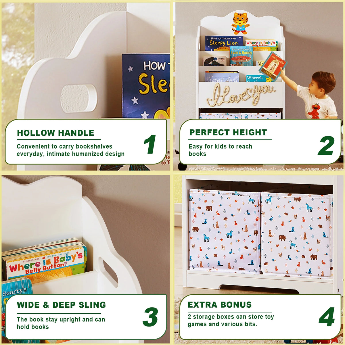 White Wood 4 Tier Kids Bookshelf with Toy Bin A796