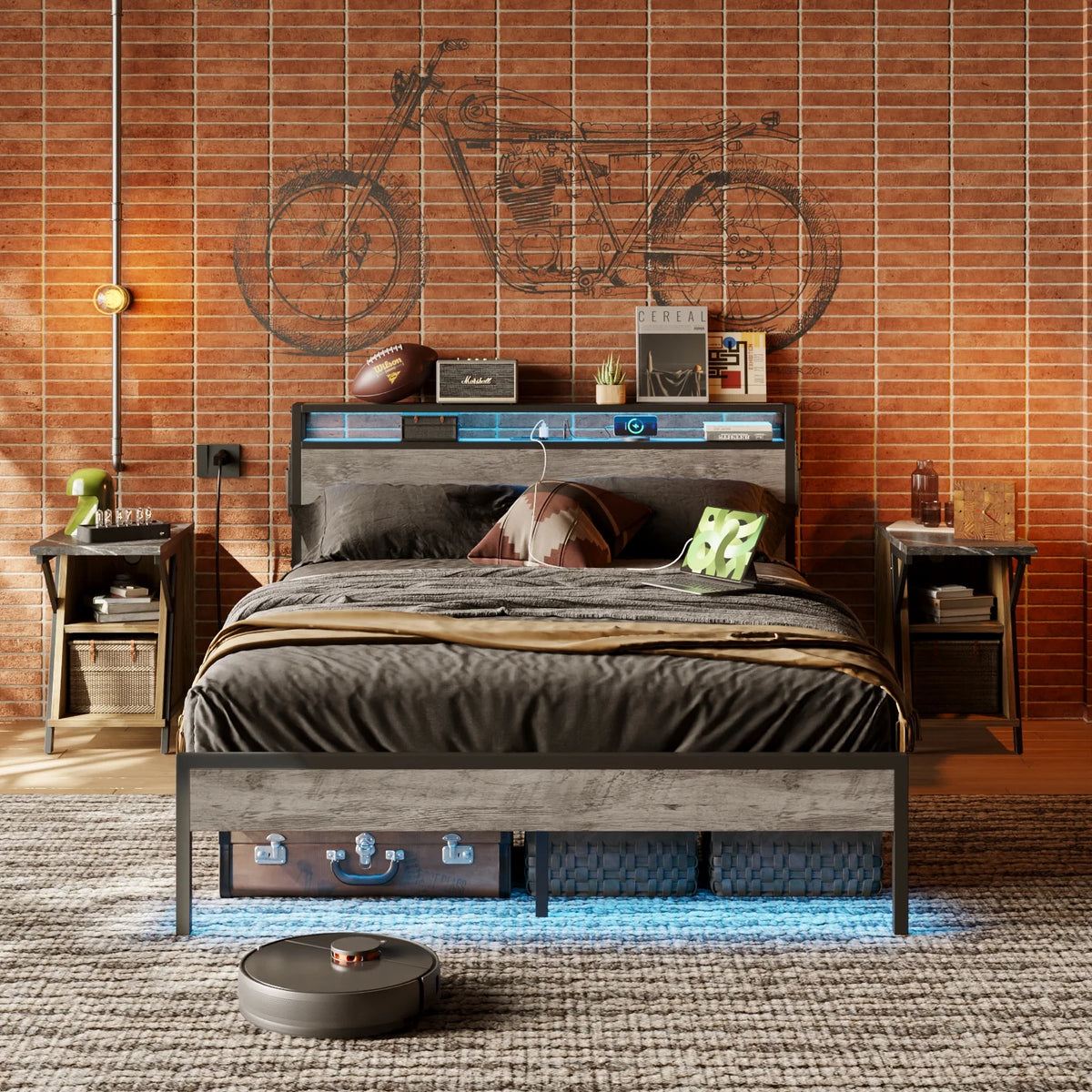 Queen Size Grey Bed Frame with Storage Headboard L940653