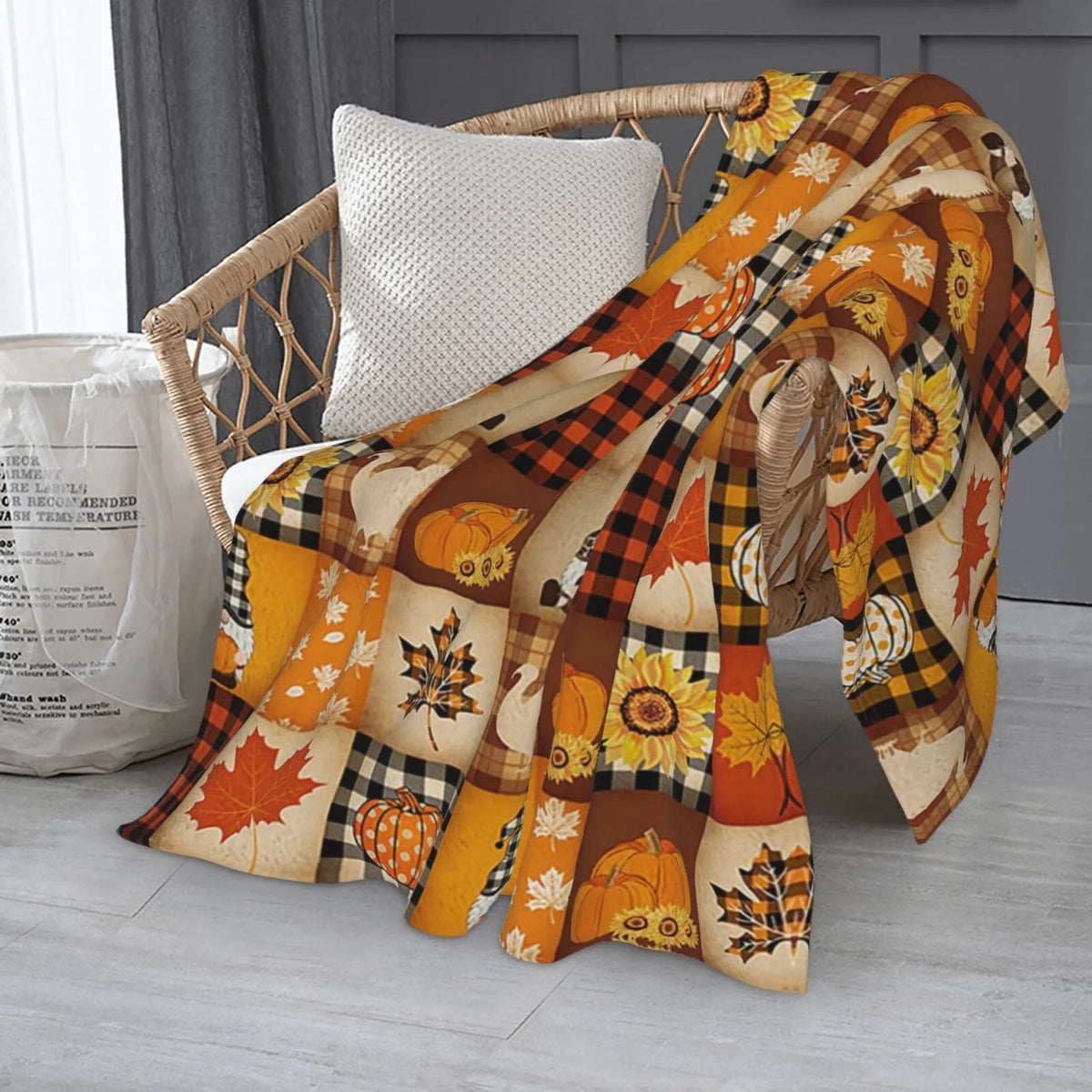 Pumpkin Turkey Maple Leaf Gnome Plaid Flannel Throw Blanket 50 X 40 Inch N640