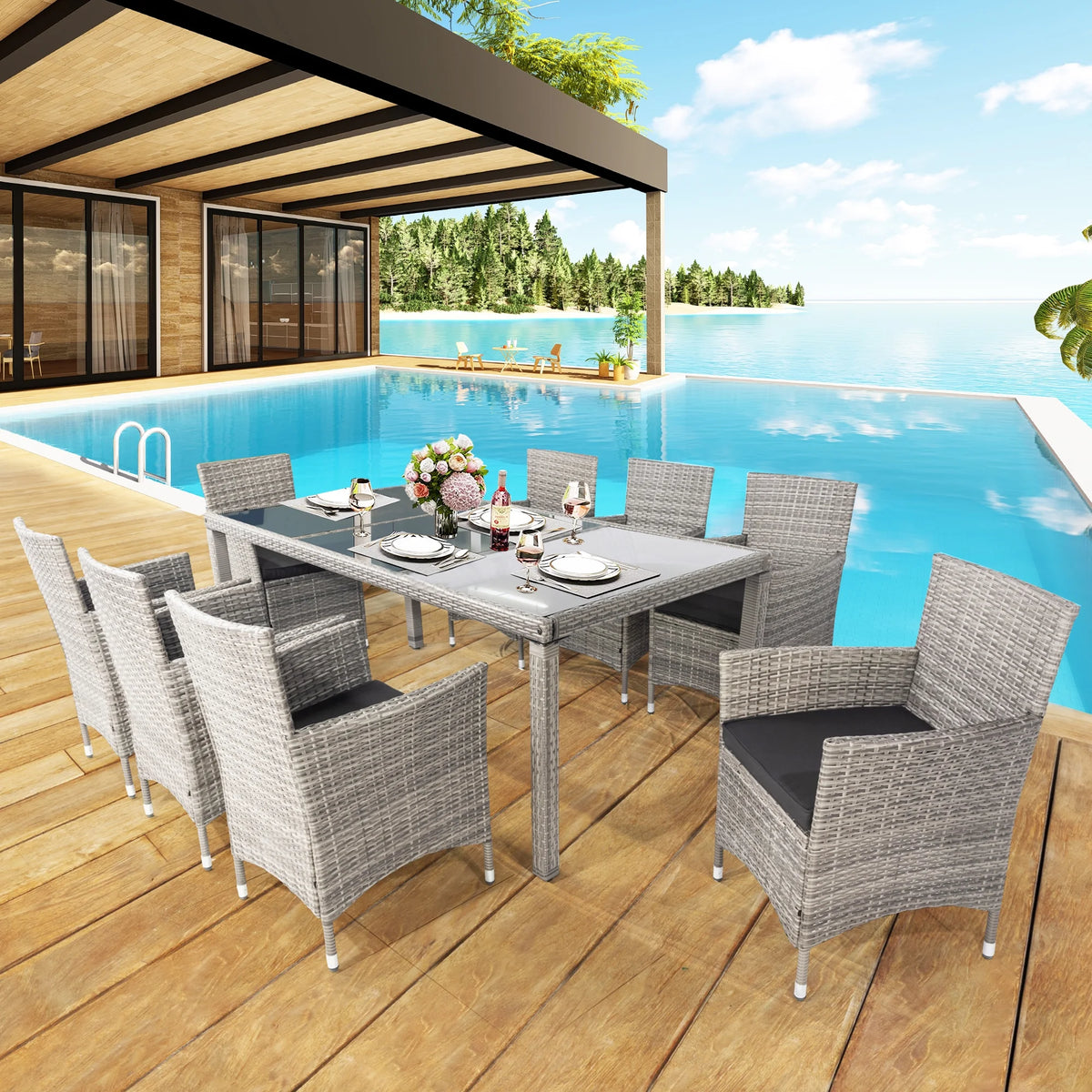 9 Pieces Wicker Outdoor Dining Set with Glass Tabletop and Cushioned Chairs G346
