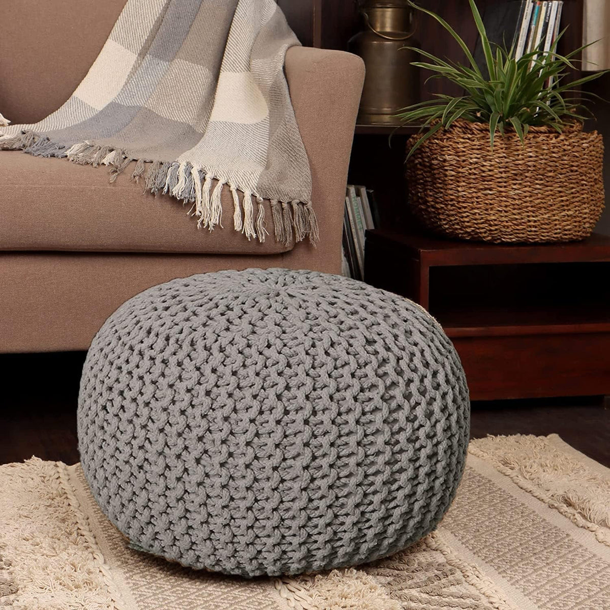 Round Cable Knitted Pouf Ottoman 18”x18”x14” Gray G267