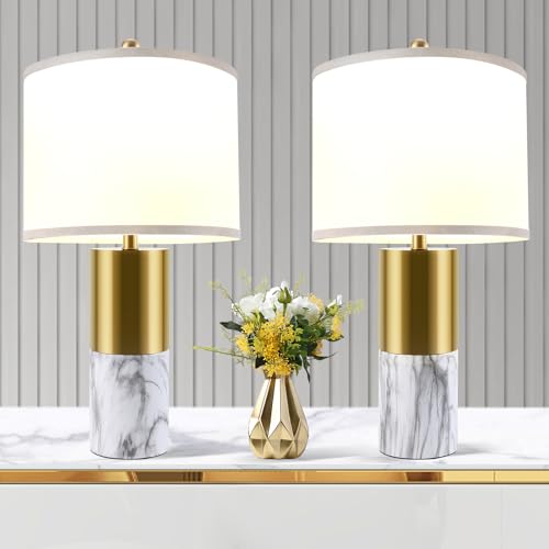 22" Faux Marble Table Lamps Set of 2 with Fabric Shades V8612
