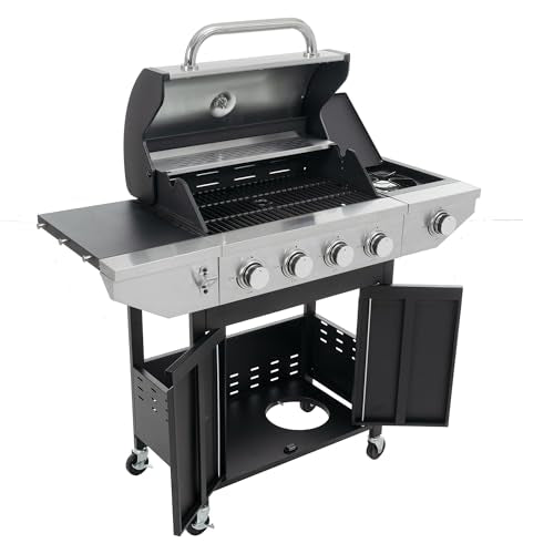 4 Burner Gas Grill with Side Burner, Stainless Steel Propane BBQ Grill with Built in Thermometer H711