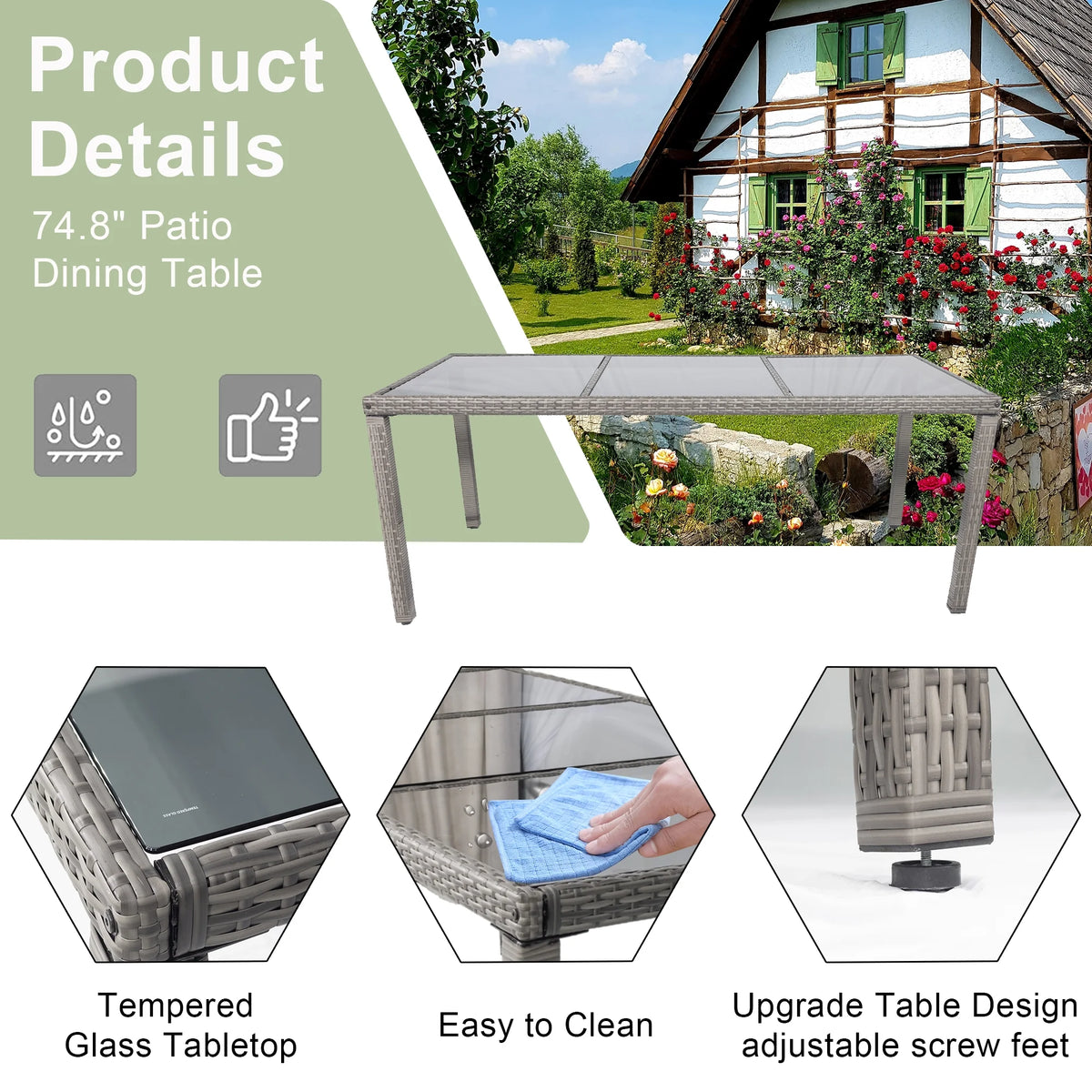 9 Pieces Wicker Outdoor Dining Set with Glass Tabletop and Cushioned Chairs G346