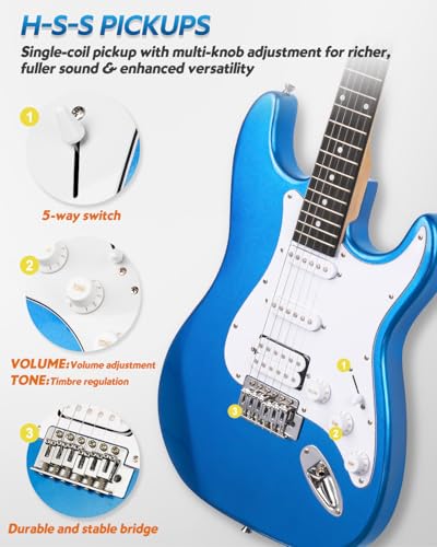 39" Full Size Electric Guitar HSS Pick Up with 10W Amp, Bag, Digital Tuner, Capo, Strap, String, Cable, Picks K40648