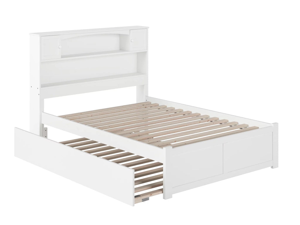 White Full Solid Wood Platform Bed with Footboard & Trundle T737