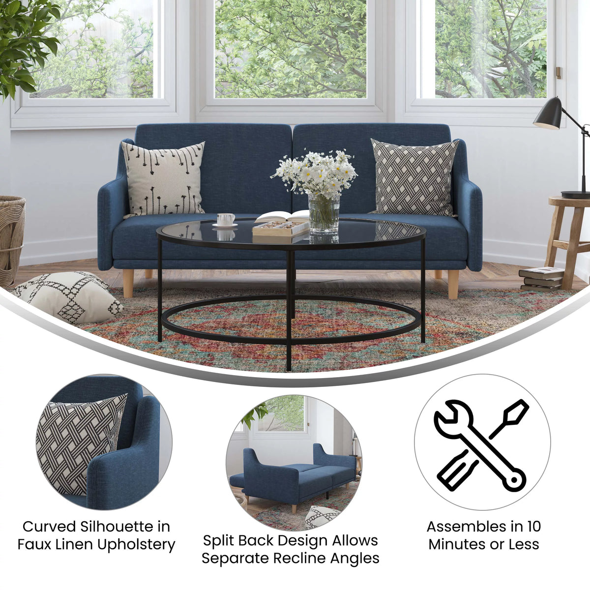 Navy Faux Linen Upholstered Split Back Sofa Futon F715