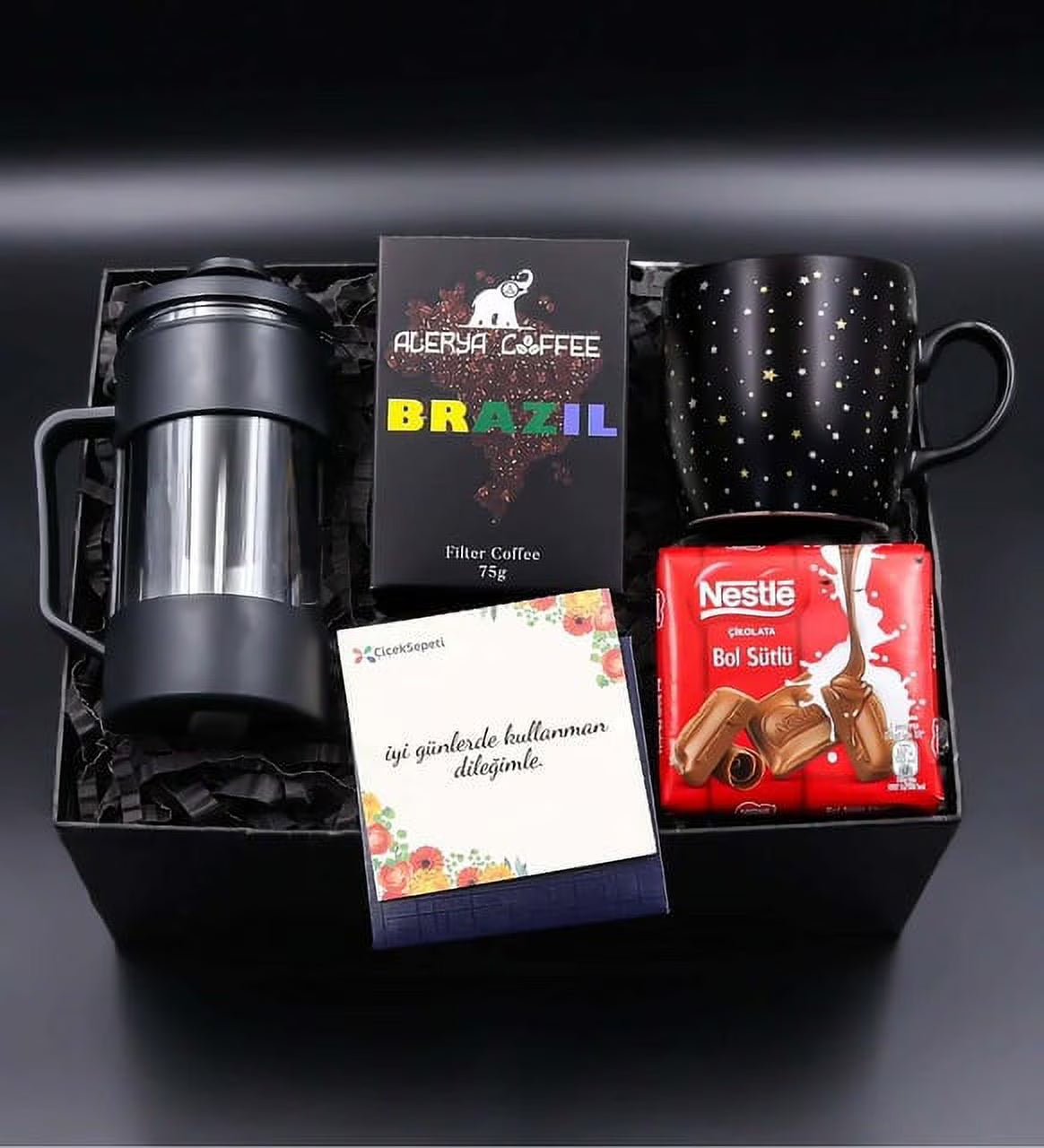 Black French Press & Black Star Cup & Brazil Filter Coffee & Milk Chocolate Gift Set S50425