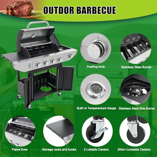 4 Burner Gas Grill with Side Burner, Stainless Steel Propane BBQ Grill with Built in Thermometer H711