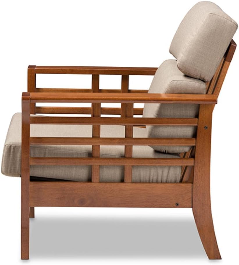 Cherry Finished Brown Wood and Dark Beige Fabric High Back 1-Seater Lounge Chair E901
