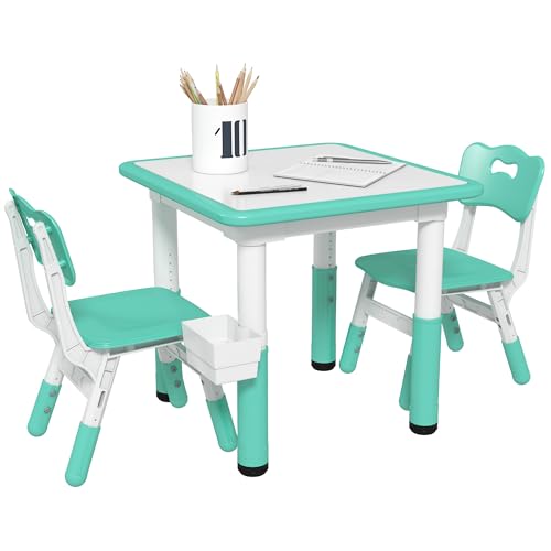 3 Pieces Height Adjustable Kids Table and Chair Set with Storage Green Z74601