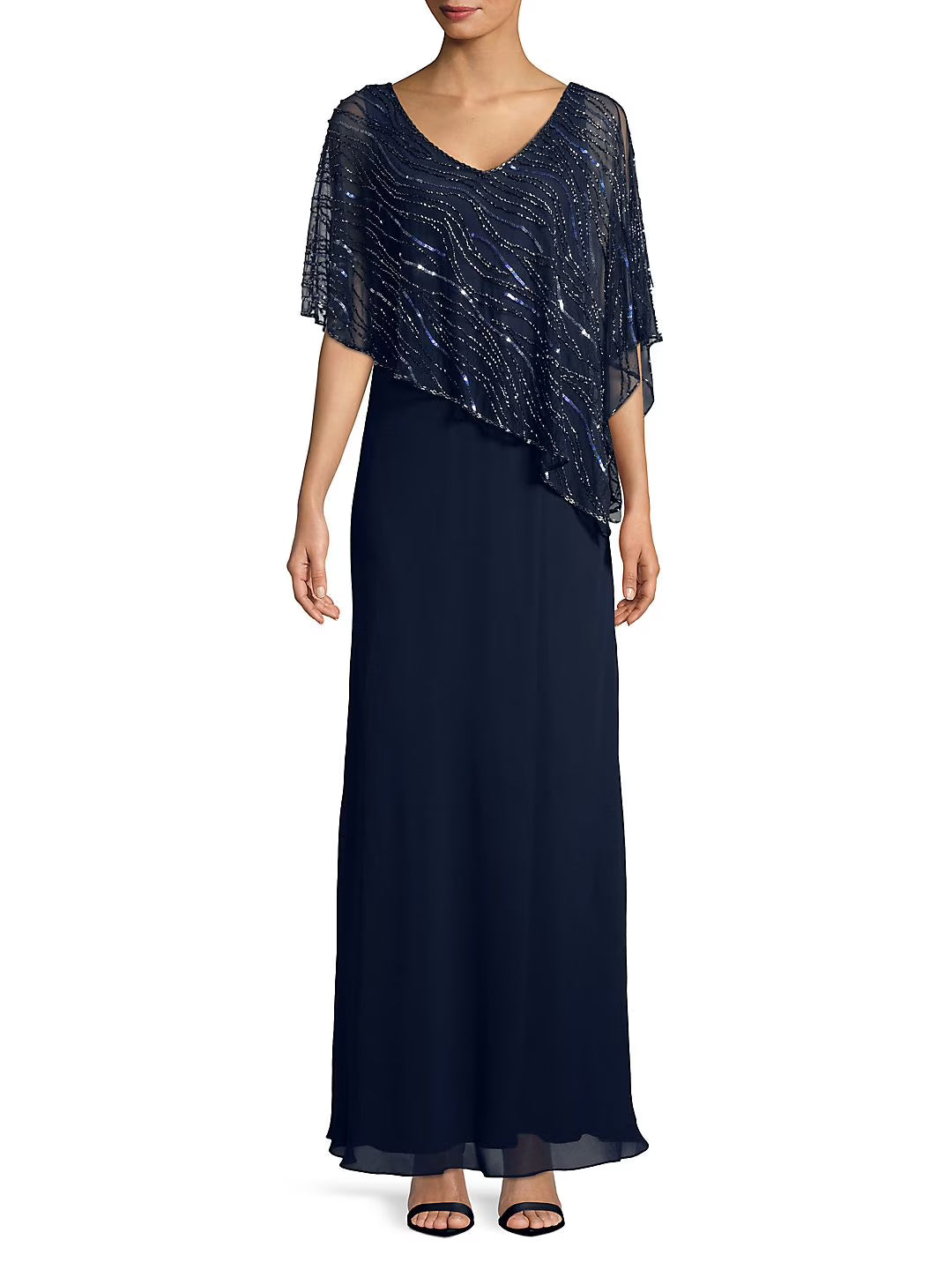 Navy Sequined V Neck Formal Dress T6916