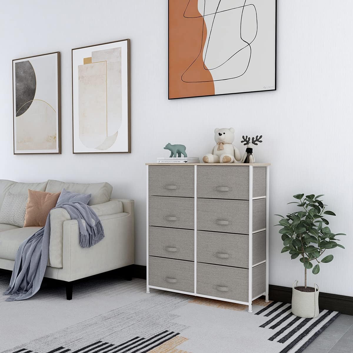 Light grey 8 Drawer Fabric Dresser with Steel Frame and Wooden Top M9995