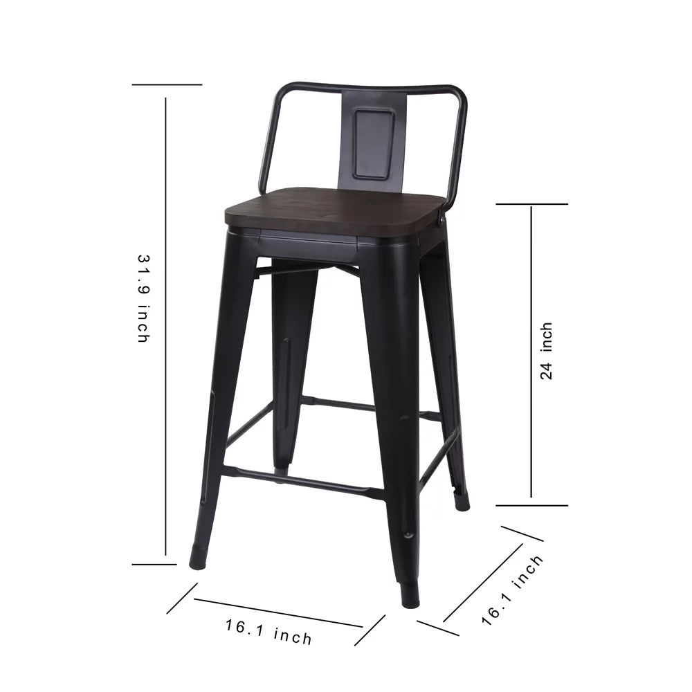 Black 24 inch Low Back Metal Barstool with Dark Wood Seat, Set of 6 O4972