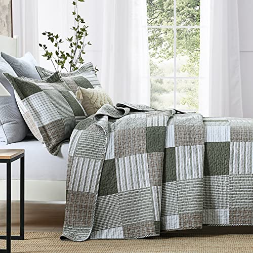 100% Cotton Navy Blue Grey Plaid Queen Size 3 Pieces Quilt T4421